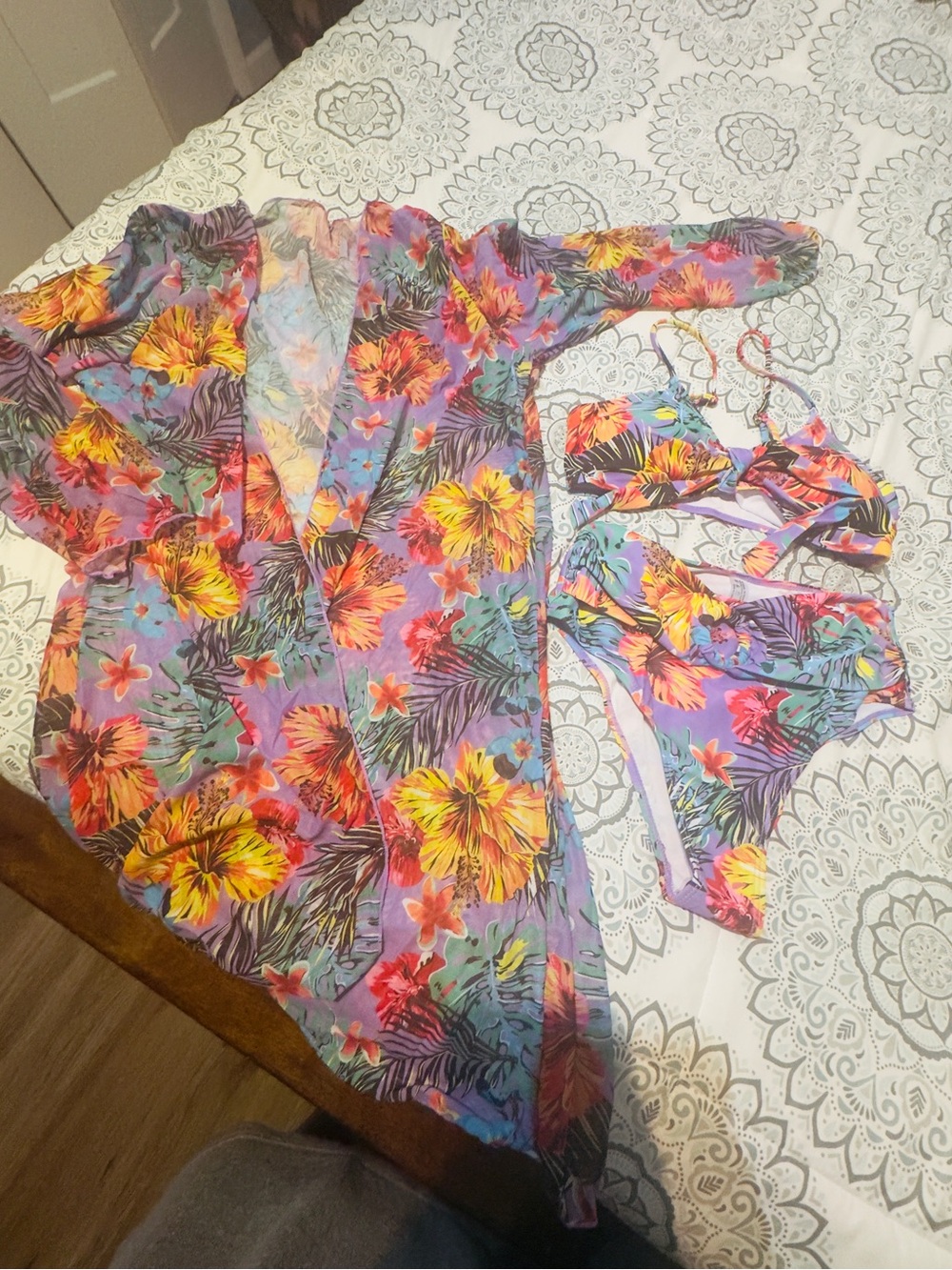 Floral Purple Tropical Bikini Set with Cover-Up